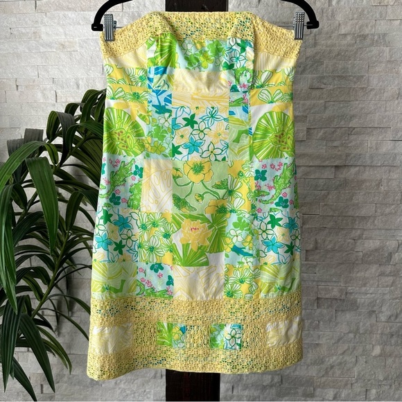 LILLY PULITZER Strapless Bowen Gator Print Patch Yellow Green Dress Size 0 - Picture 1 of 11